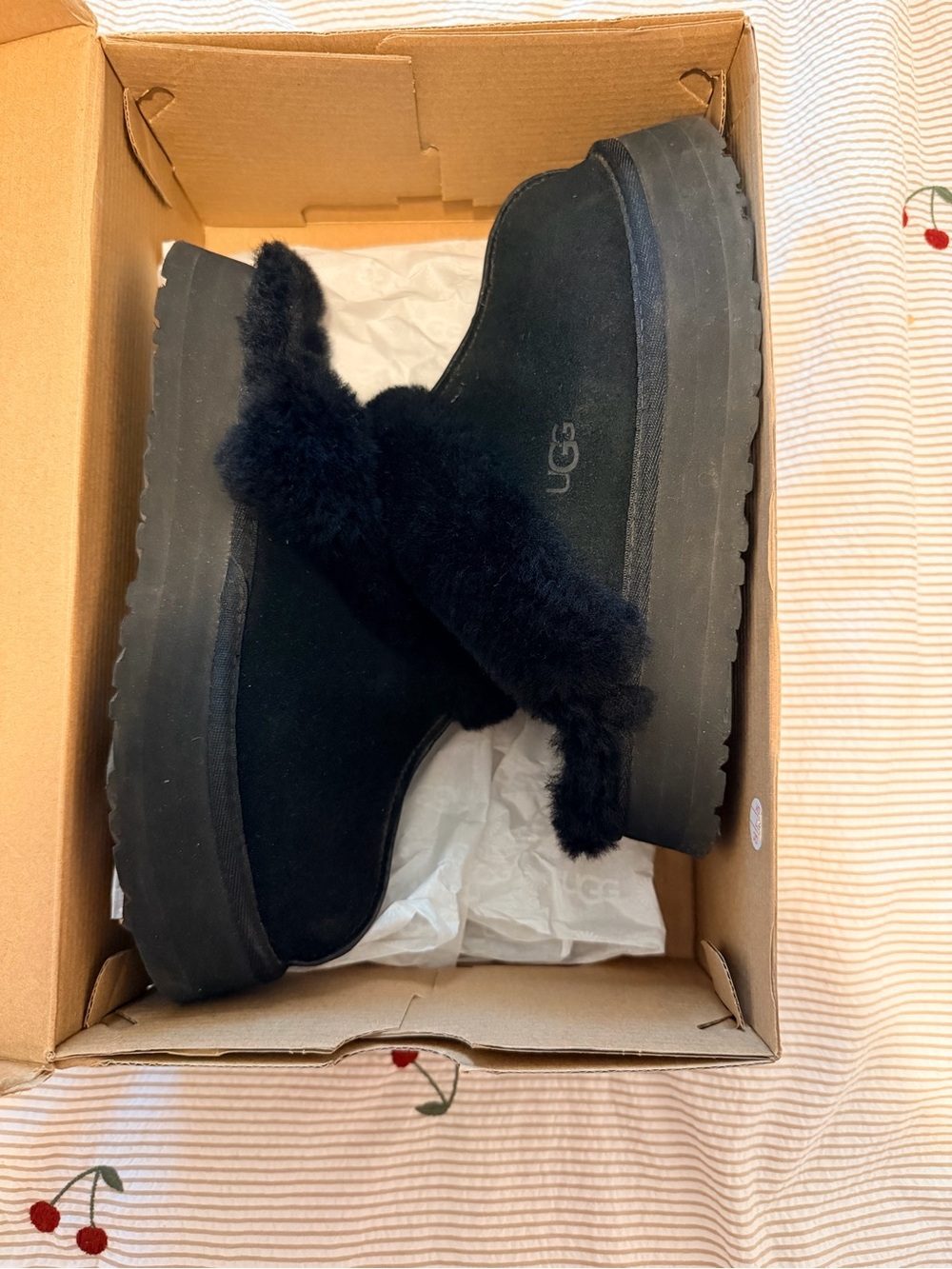 UGG Black Suede Platform Shearling Slippers
